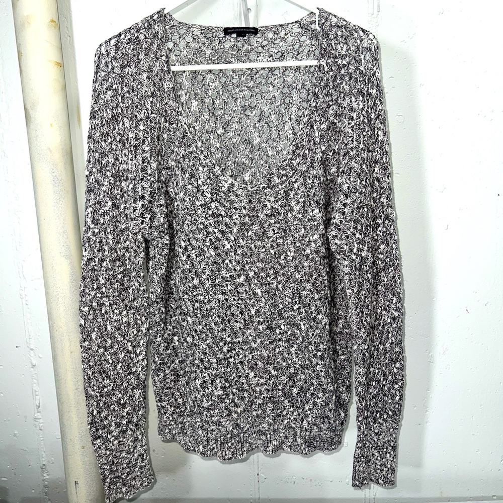American Eagle Women’s V-Neck Long Sleeve Open Knit Sweater Gray Size XL